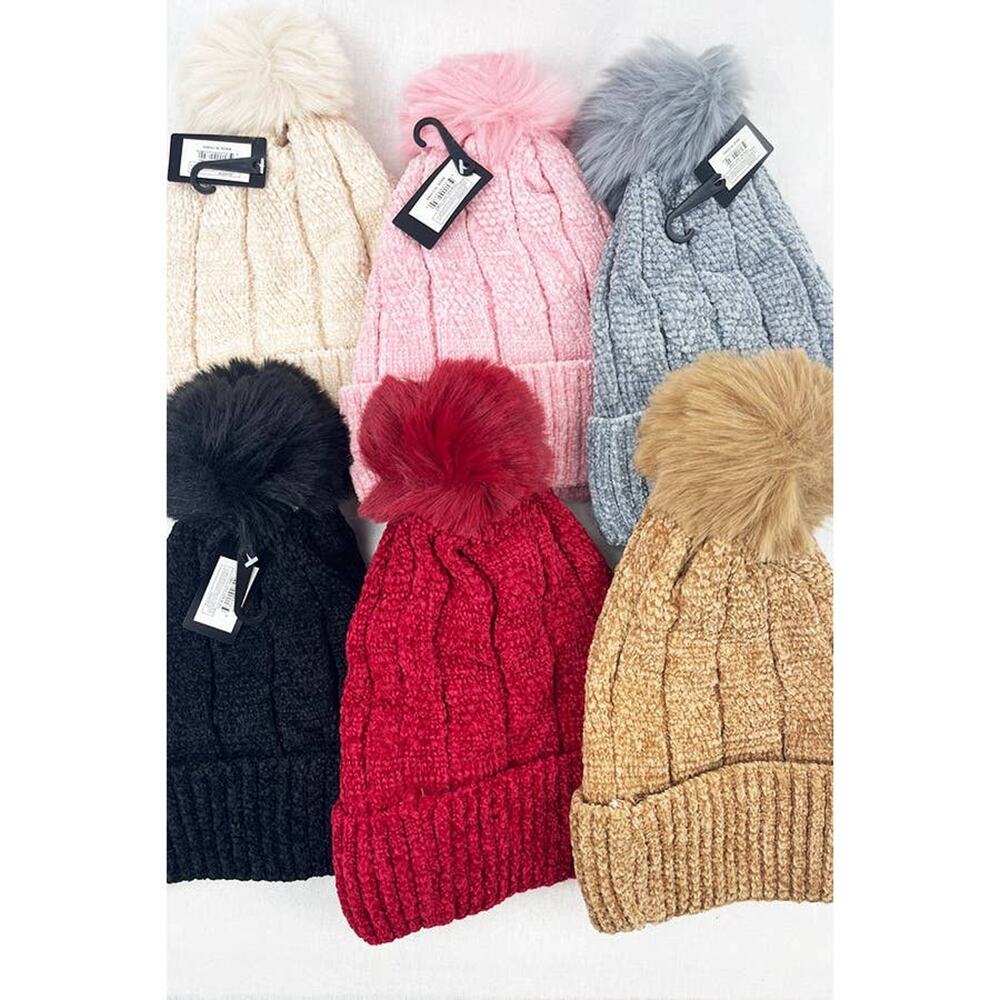 Double Layer Winter Cable Knit Pompom Beanie-Black